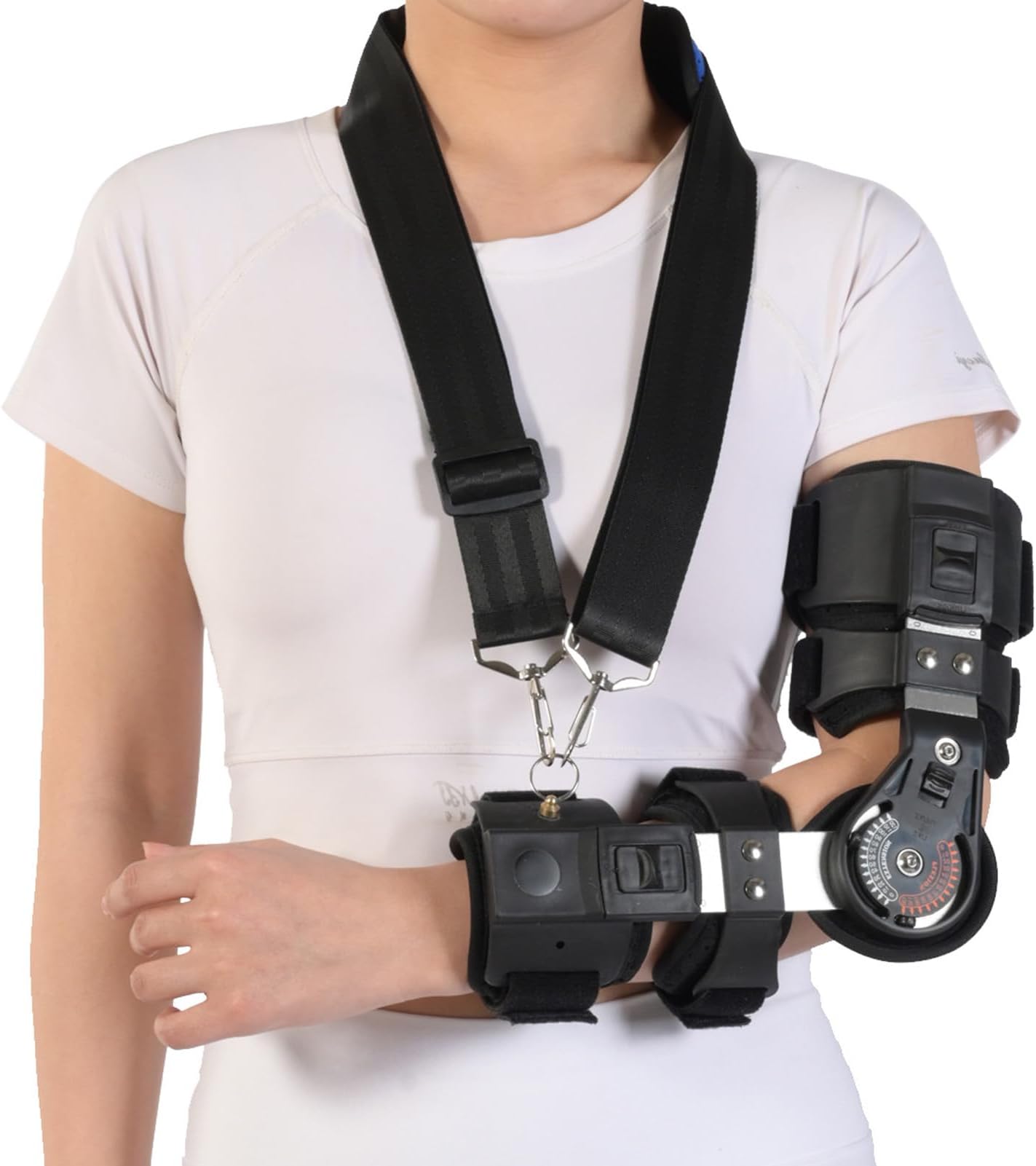 Hinged Elbow Brace with Adjustable Angle and Length, Lightweight Metal Frame Arm Support with Shoulder Strap for Post-Operative Recovery and Surgery Rehabilitation