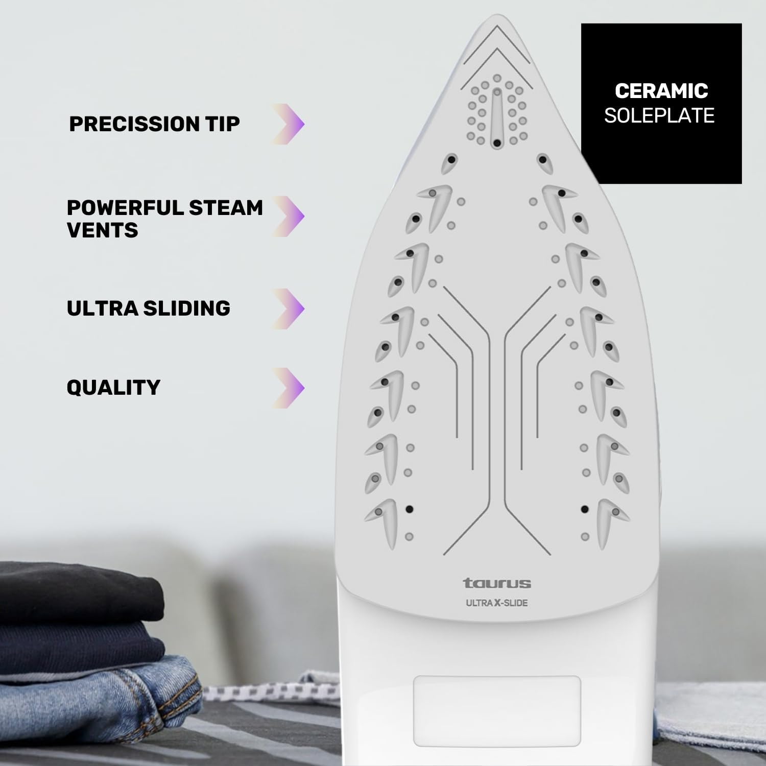 Taurus Itaca 220 Steam Iron, 2200 W, Steam Boost 110 g/min, Silver Sole, Anti-Lime, Drip-Free, Self-Cleaning, Acoustic/Visual Warning, Spray, Vertical Ironing, Black/Blue/White