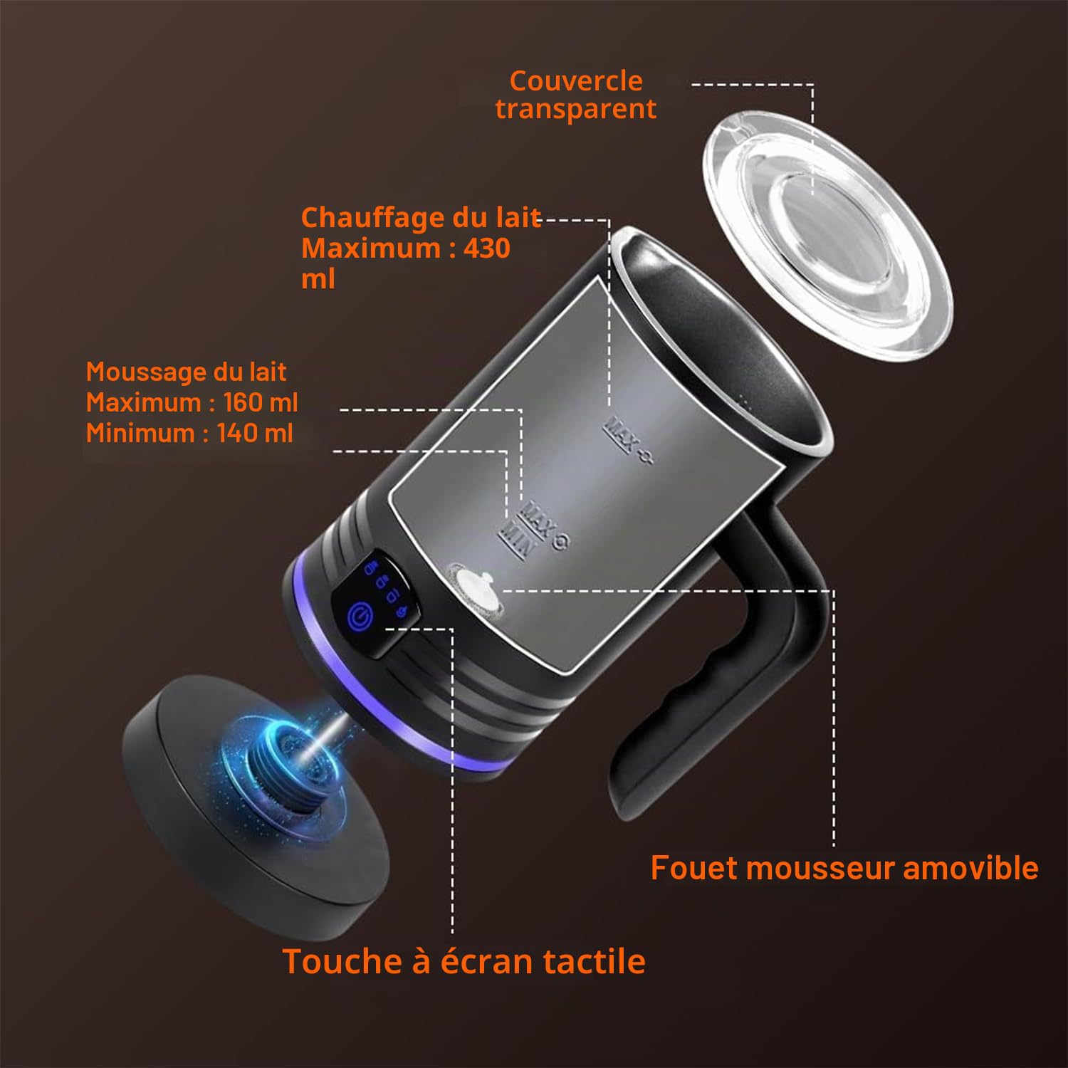 Mousseur à lait électrique 4 en 1, 430 ml mousseur à lait automatique chaud et froid et chauffe-lait pour cappuccino, latte, moka, macchiato