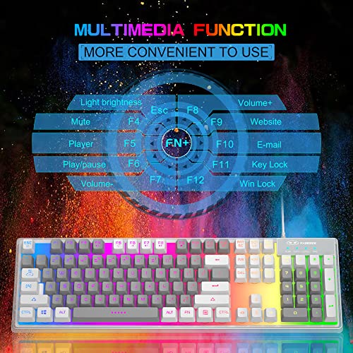 Magegee Gaming Keyboard, Rainbow Backlit Led Wired Gaming Keyboard With Clear Housing And Double-Shot Keycaps, K1 Waterproof Ergonomic 104 Keys Light Up Keyboard For Pc Desktop Laptop, White & Gray #TOP1