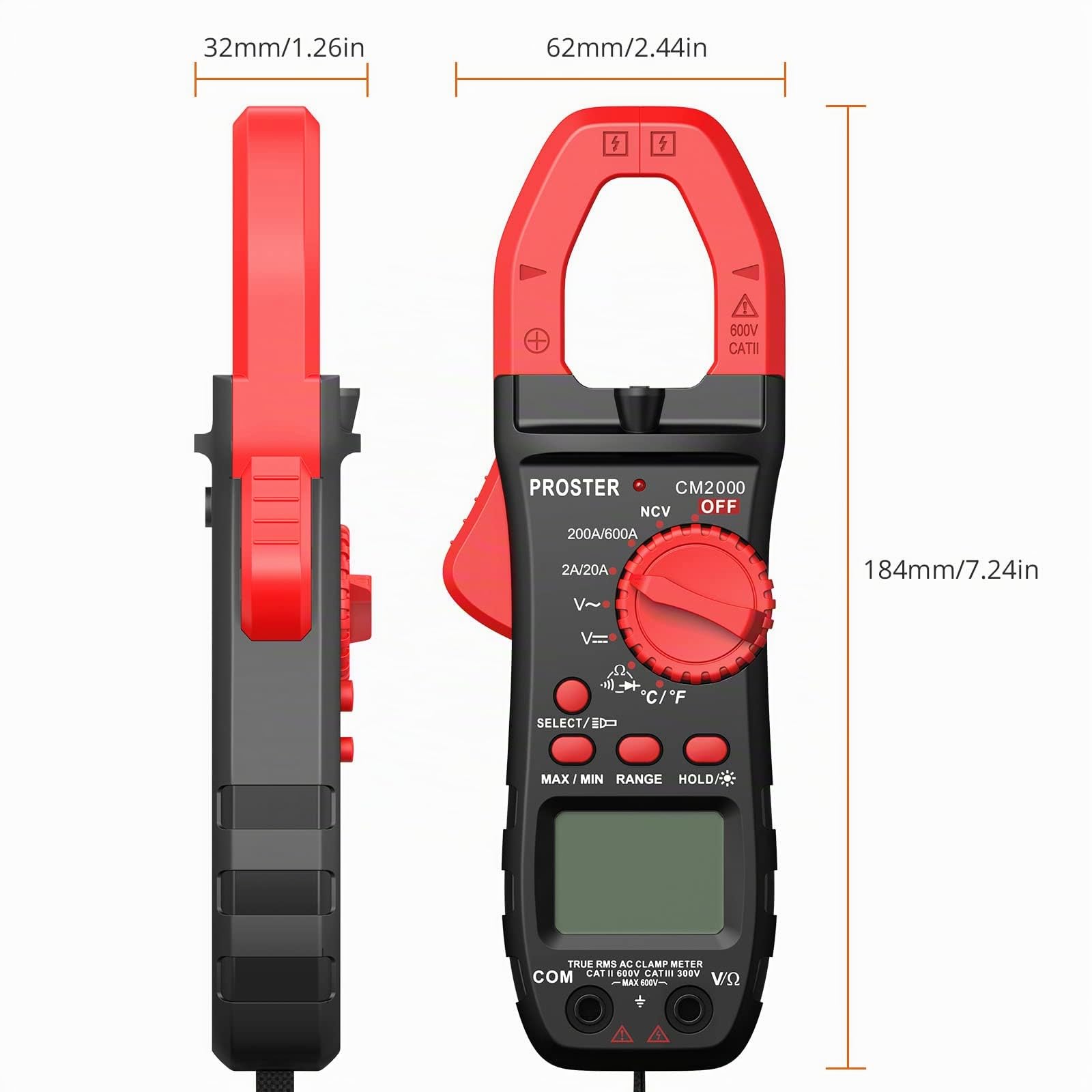 Proster Pinza Amperimétrica 2000 Cuentas 600A TRMS NCV Multímetro Digital Rango Automático con Pantalla Retroiluminada para Voltaje AC DC Corriente AC Diodo Resistencia Continuidad Temperatura