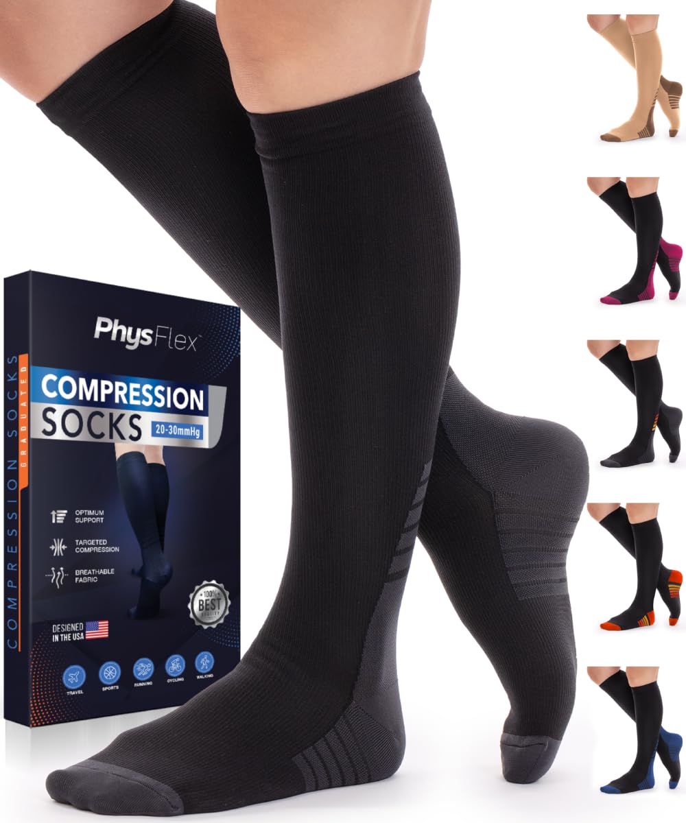 PhysFlexCompression Socks for Women & Men (20-30 mmHg) Support for Travel, Nurses, Pregnancy, Shin Splints, Sports and Everyday WearOEKO-TEX STANDARD 100