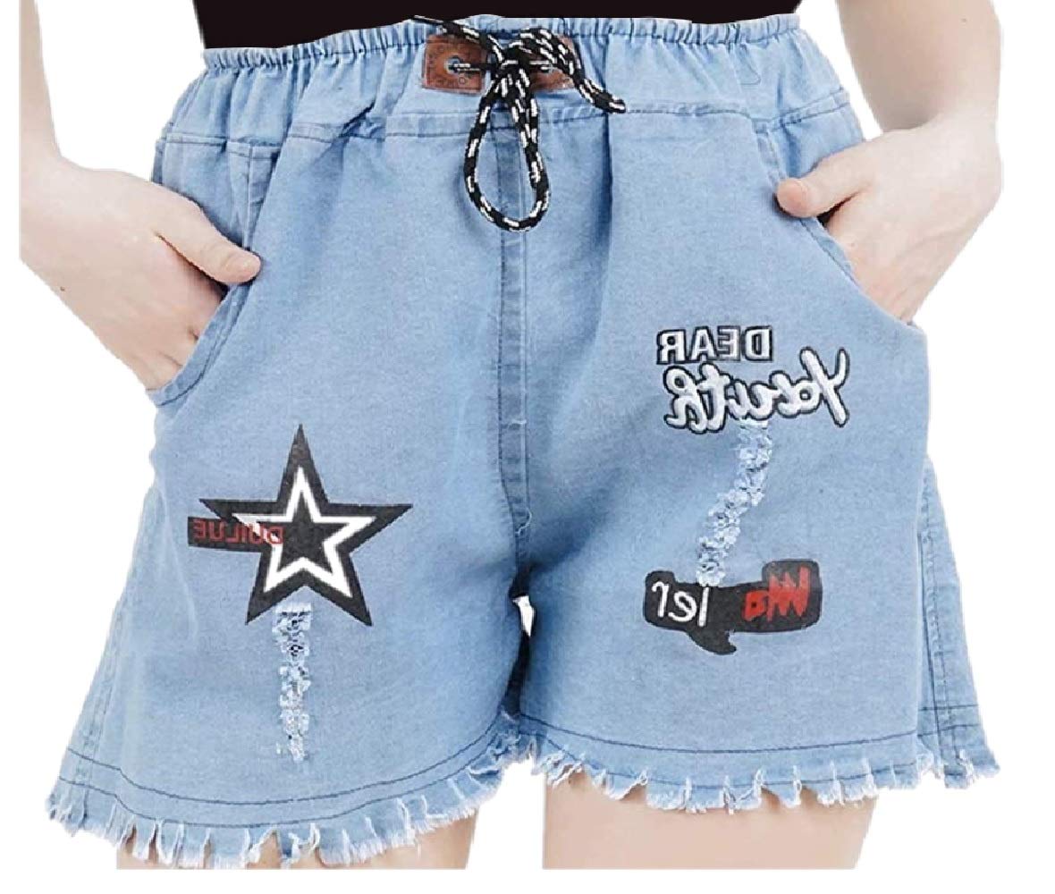 v3e Women's Distressed Printed Denim Shorts (Light Blue)-picture-46
