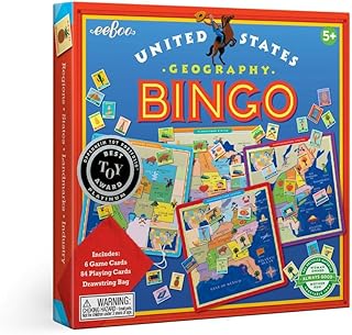 eeBoo: United States Geography Bingo Game, for 2 to 6 Players, Includes 6 Game Cards, 84 Playing Cards, & Drawstring Bag, For Ages 5 and up