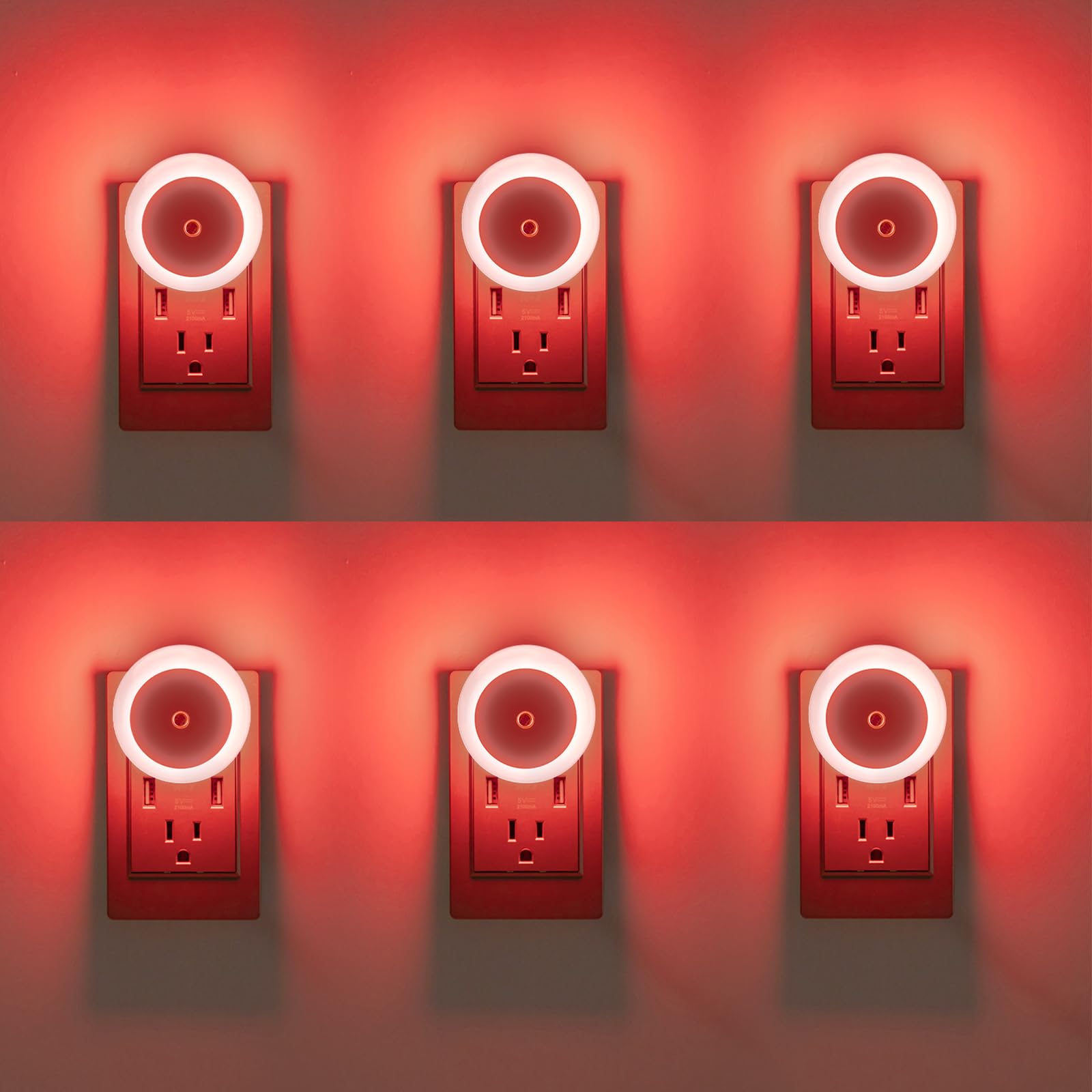 KINUR 6 Pack Red LED Plug into Wall with Dusk to Dawn sensors Plug in Night Lights for