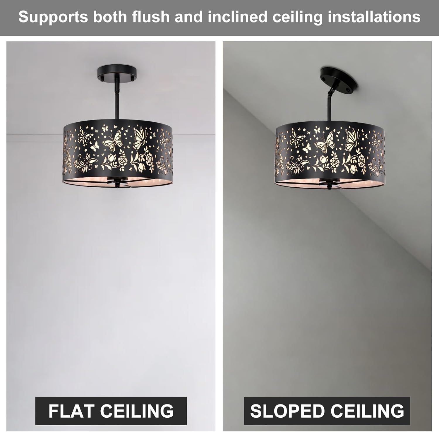 Semi Flush Mount Ceiling Light,White Parchment Metal Rustic Ceiling Light Fixture with Butterfly Design,3-Lights Drum Industrial Black Chandeliers for Dining Room,Kitchen,Bedroom,Cabin,Hallway
