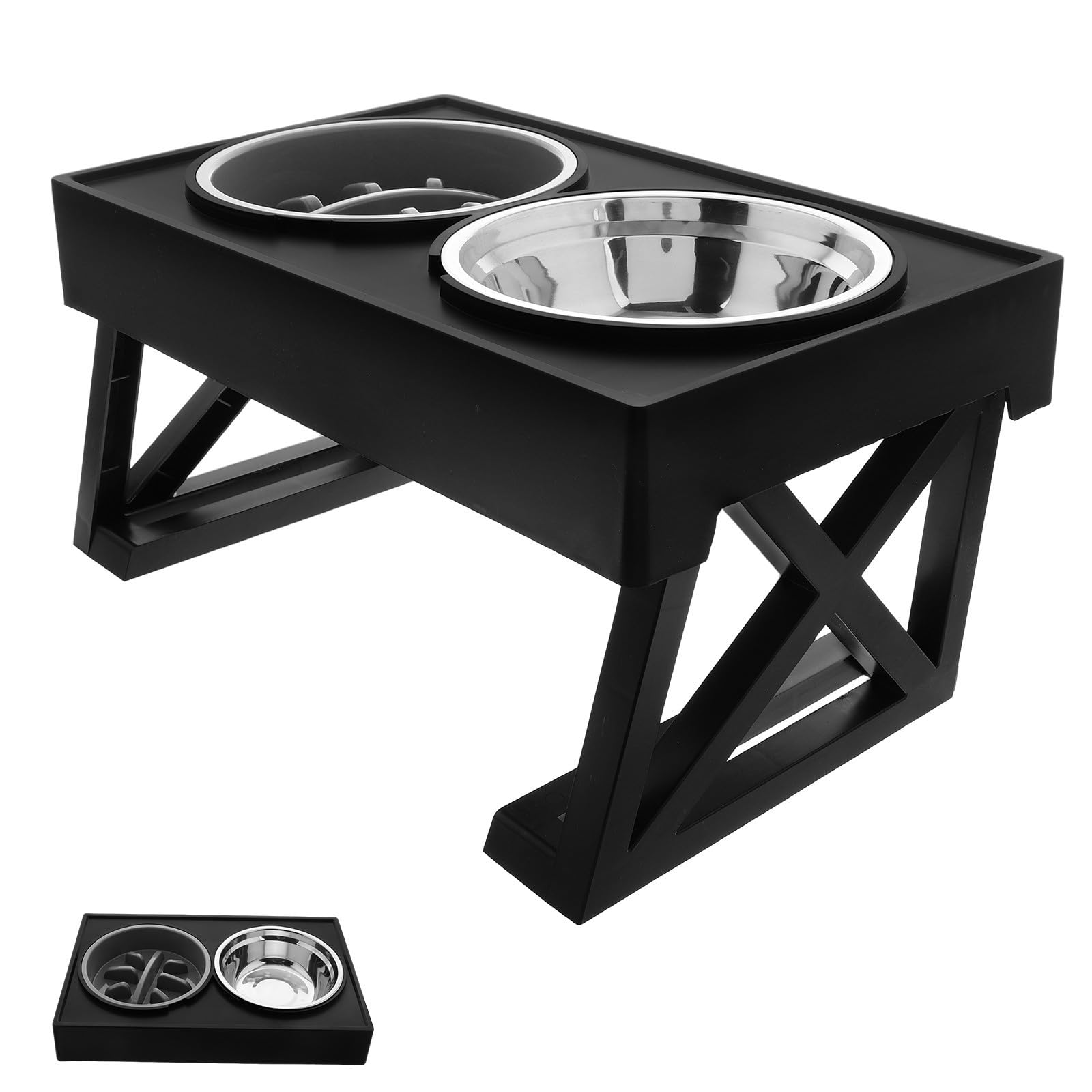 Gamelle pour Chat Gamelle pour Nourriture et Eau du Chien Surélevée Anti-glouton Double Bol en Acier Inoxydable et Abs pour Nourriture et Eau, Chats et Chiens, Voyage et Extérieur