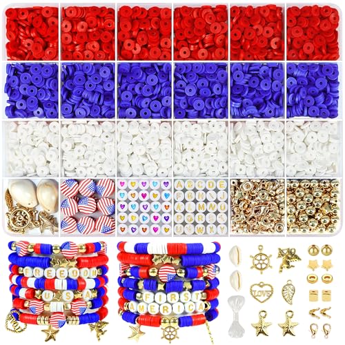 Image of Redtwo 4th of July Red White and Blue Clay Beads Bracelet Making Kit with USA Letter Beads, Patriotic Beads for Jewelry Making for Independence Veterans Day Party Favors, DIY Gifts with America Flag.