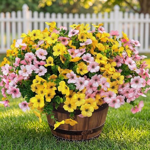 Artificial Flowers for Outdoor Fake Plants for Spring Decoration,Faux Eucalyptus Flowers for Planter UV Resistant Lifelike for Home Porch Garden (Yellow/Pink)