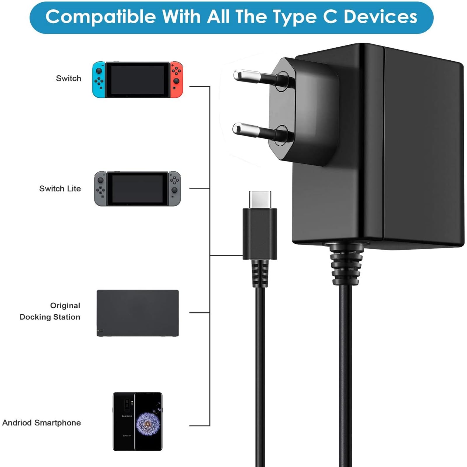 Ladegerät für Switch Console Netzteil Unterstützt TV-Modus Schnelles Aufladen mit 1,5m/5ft Kabel Kompatibel mit Switch Lite (Black)