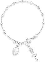 Miabella 925 Sterling Silver Rosary Cross Charm Bracelet for Women - Adjustable, Hypoallergenic, Made in Italy