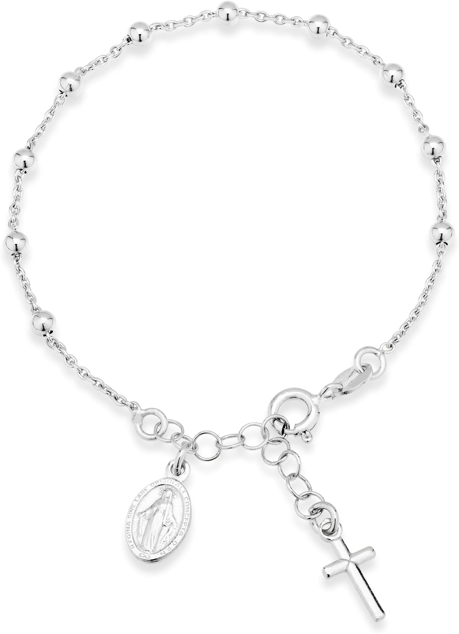 925 Sterling Silver Italian Rosary Cross Bead Charm Link Chain Bracelet for Women, Adjustable, Made in Italy