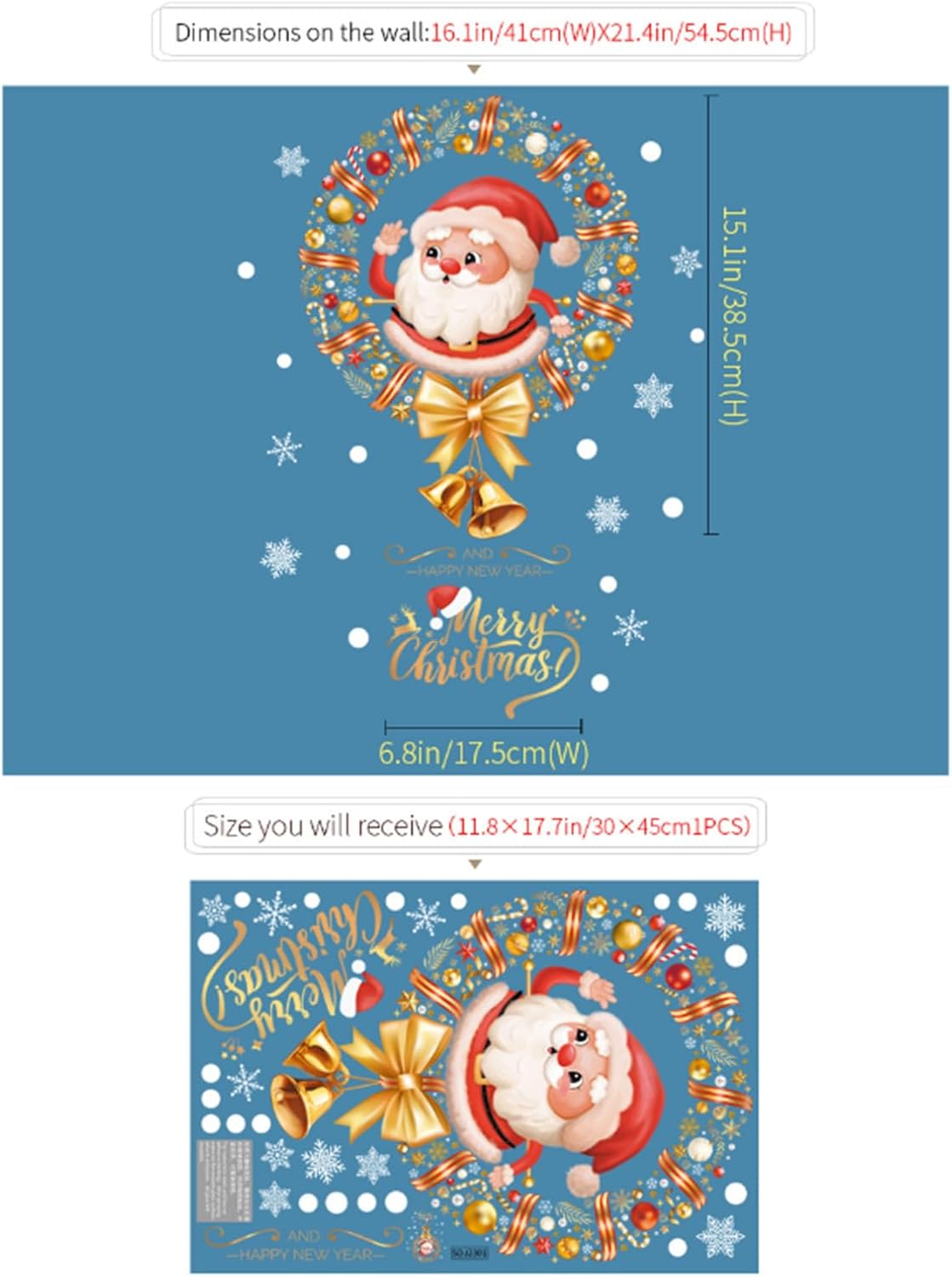 Merry Christmas Window Sticker Garland Santa Claus with Xmas Bell Bow Designs Glass Decal Cling Cute Santa Claus Snowflakes Window Sticker for Office School Decorations image 4