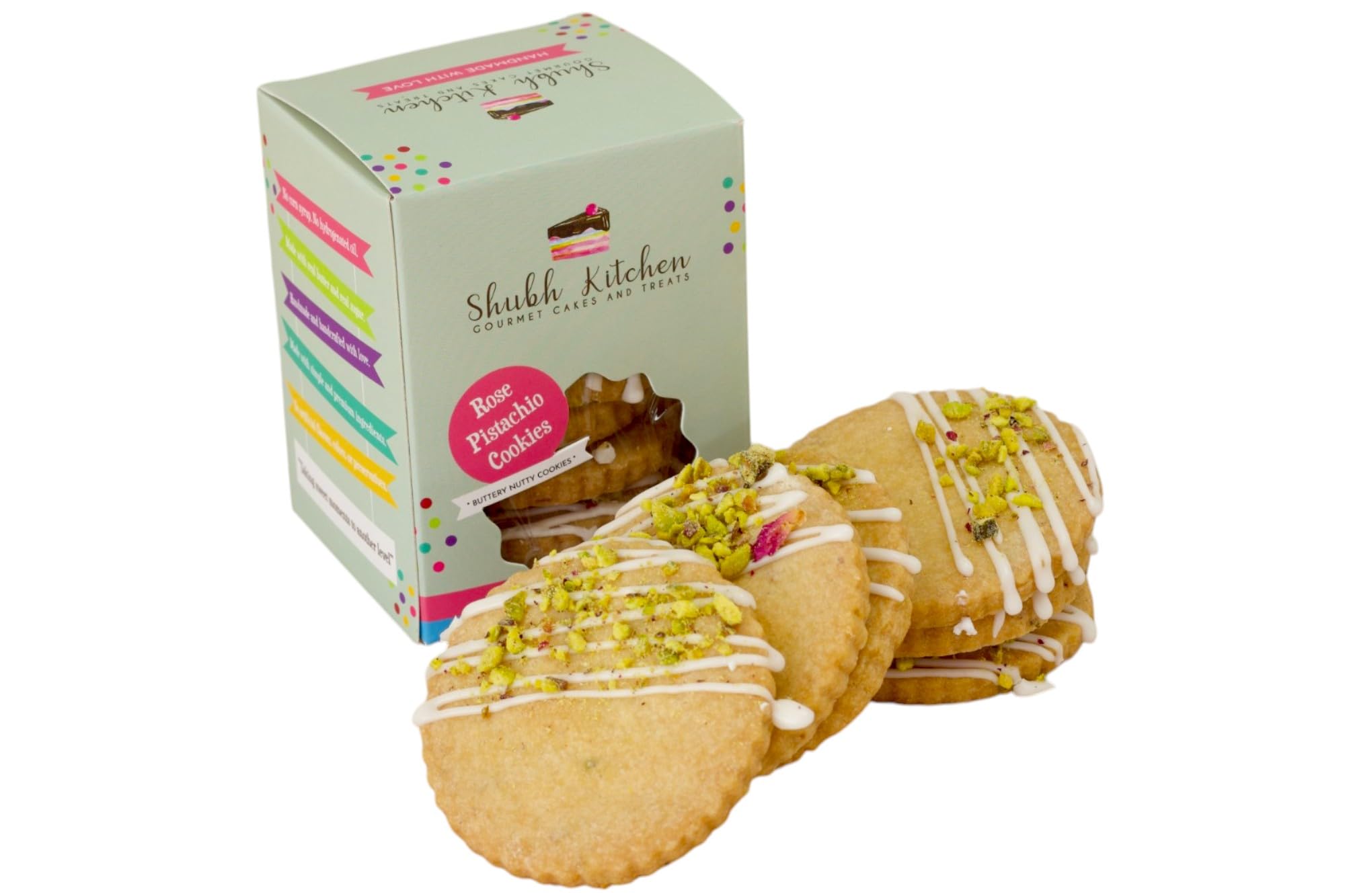 Rose Pistachio Cookies- Gourmet Indian Cookies, 100% Egg-Free & Vegetarian, Handmade with Real Butter & Pistachios, No Preservatives, Authentic Flavor