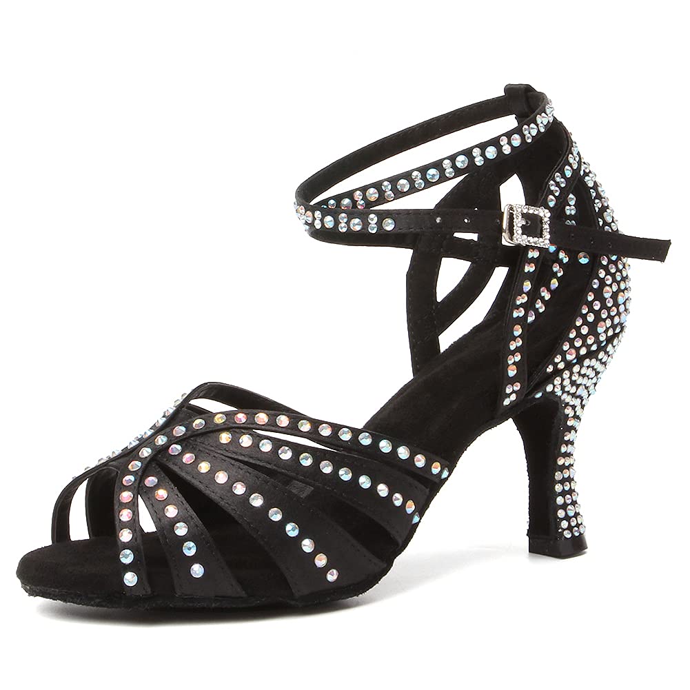 Damen Latin Tanzschuhe Strass mit Offener Spitze Ballsaal Salsa Chacha Social Performance Tanzschuhe
