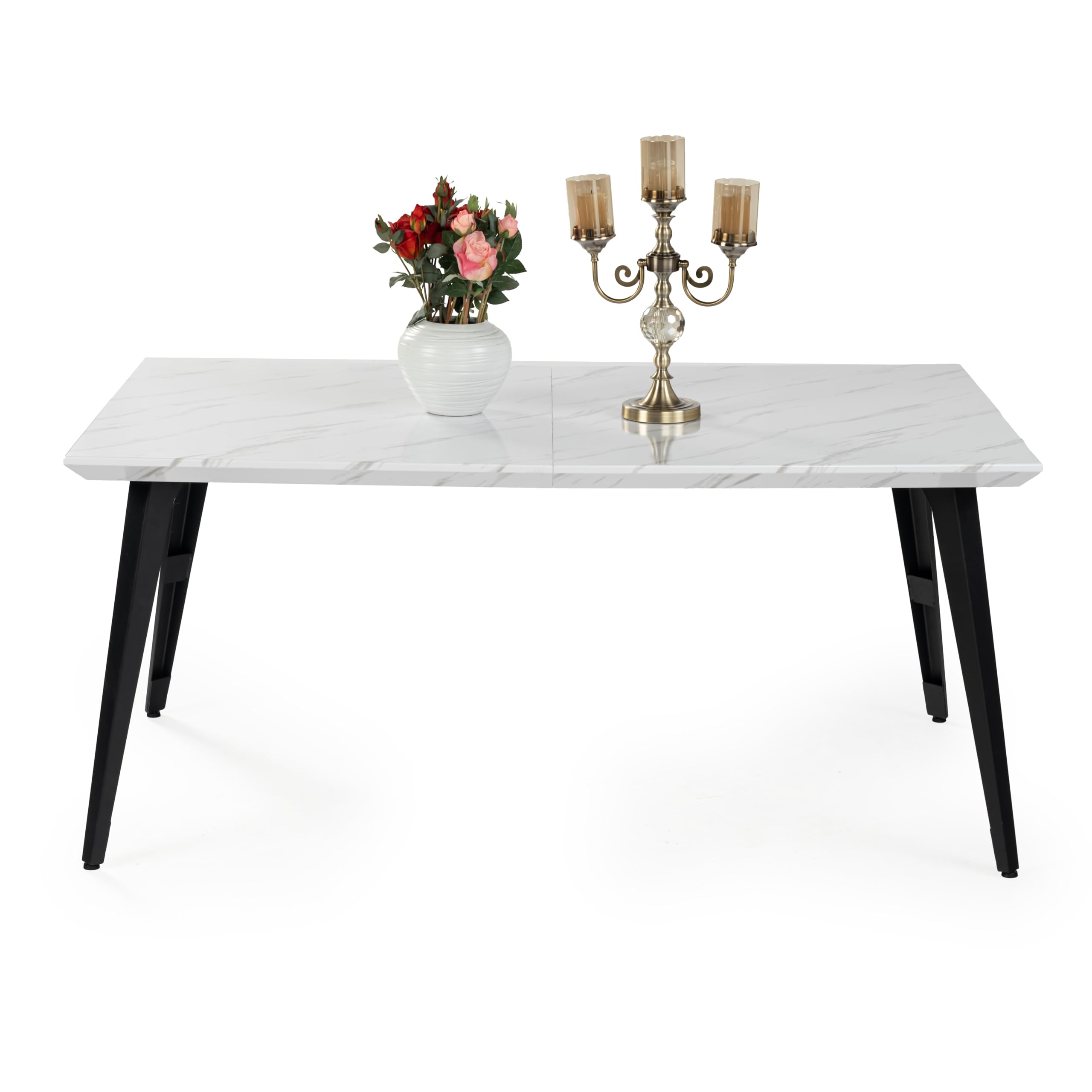 FurnitureR Mesa Rectangular de 150 cm, para 6-8 Personas, Bandeja de Madera de Estilo escandinavo, imitación de mármol Blanco Brillante, Bordes biselados y Patas de Hierro Plano, 150 x 80 x 74cm