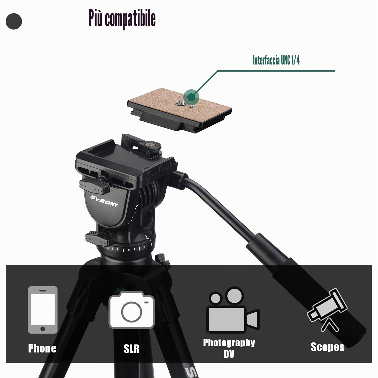 Svbony SA402 Treppiede Fotocamera Testa Fluida in Alluminio, Treppiede Viaggio Professionale con Piastra a Sgancio Rapido, 64,56 in Panoramico 360 Gradi, per Cannocchiali Fotografici Fotocamere Reflex