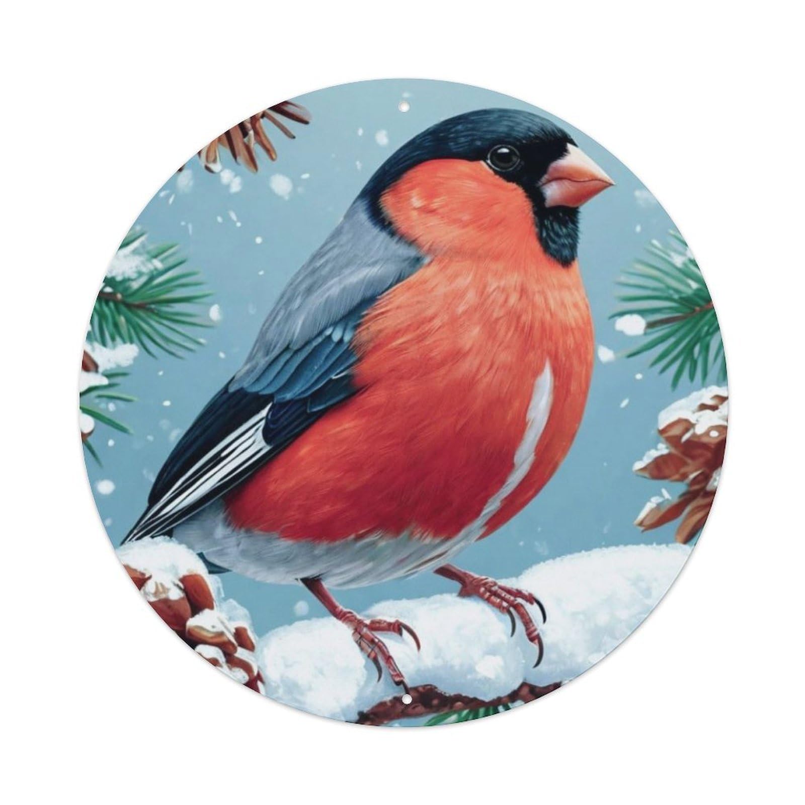 Animal Eurasian Bullfinch Winter Pine Forest Snow Christmas Holiday Vintage Metal Tin Sign Plaque Wall Decor for Cafe, Club Bar, Office, Garden Metal Poster 8x8Inch