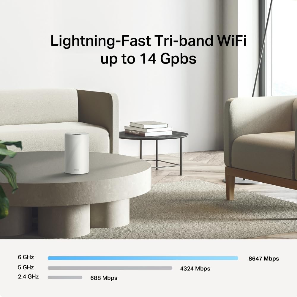 TP-Link Deco BE68 Wi-Fi 7 Mesh WLAN Set(2er Pack) BE14000, Tri-Band 8647 Mbps(6 GHz) + 4324 Mbps (5 GHz) + 688 Mbps(2,4 GHz), 6 Streams, MLO, 1×10G Ports + 1×2,5G Port + 1×Gigabit Port, USB 3.0