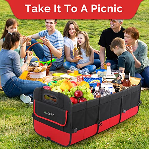 AojSup XXL Car Boot Organiser, Multi-compartment Collapsible Car Boot Storage Organiser, Collapsible Car Boot Tidy for Storage with 2 Adjustable Securing Straps, 95L, Red - Image 3