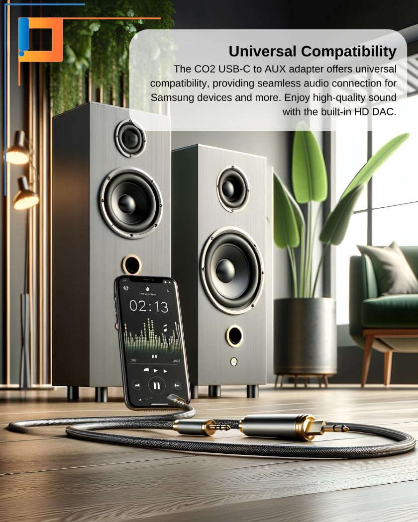 CO2 Kabel USB-C do Mini Jack 3,5 mm AUX z Przetwornikiem DAC 128 kHz HD, Najwyższa Jakość Dźwięku, Aluminium Space Grey, Adapter Kompatybilny z iPhone, MacBook, iPad Pro, Samsung (1m)