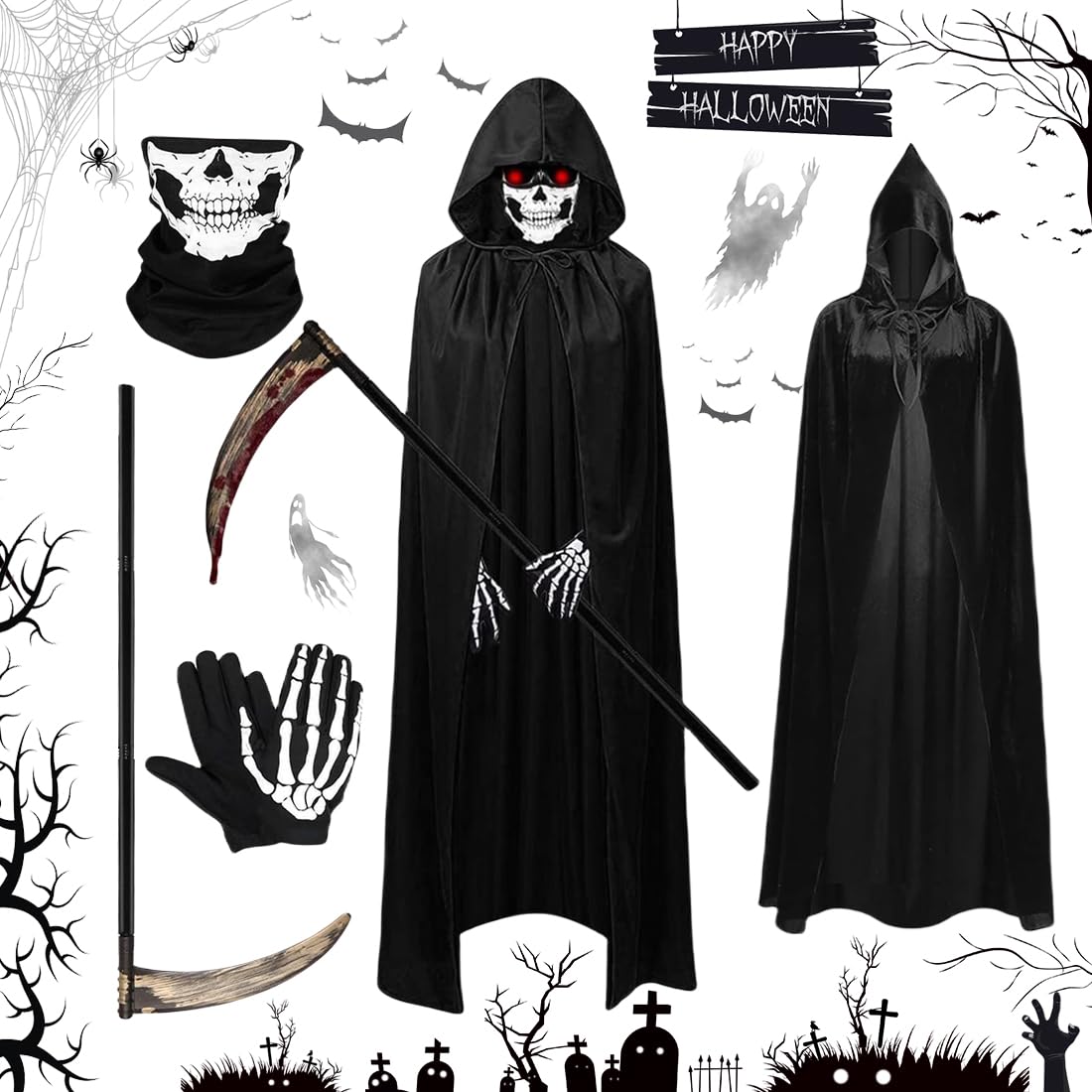 Ziranee Halloween Faucheuse,Costume de Faucheuse Cape à Capuchon Adulte avec Masque de Crâne et Gants Ensemble de Costume de Faucheuse pour Enfants Adultes Costumes d'Halloween Ziranee Halloween Faucheuse,Costume de Faucheuse Cape à Capuchon Adulte avec Masque de Crâne et Gants Ensemble de Costume de Faucheuse pour Enfants Adultes Costumes d'Halloween