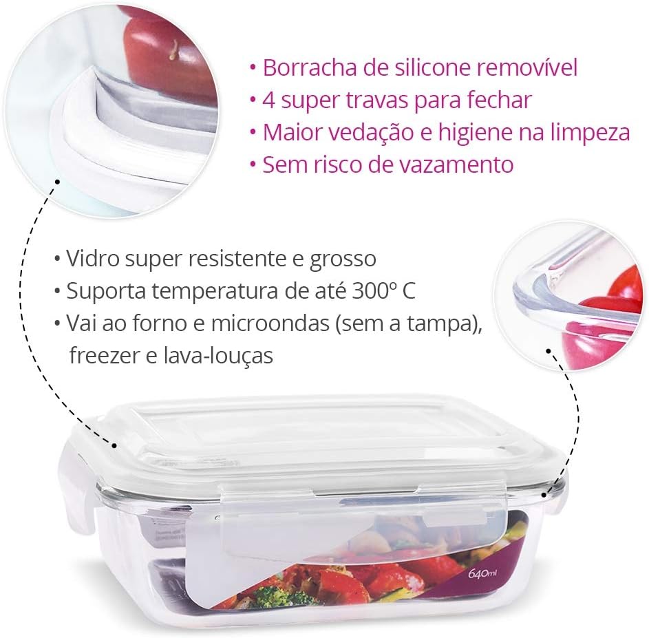 KIT 4 Potes de Vidro Retangular com Tampa Hermética 640ml Cor:Branco (QH)