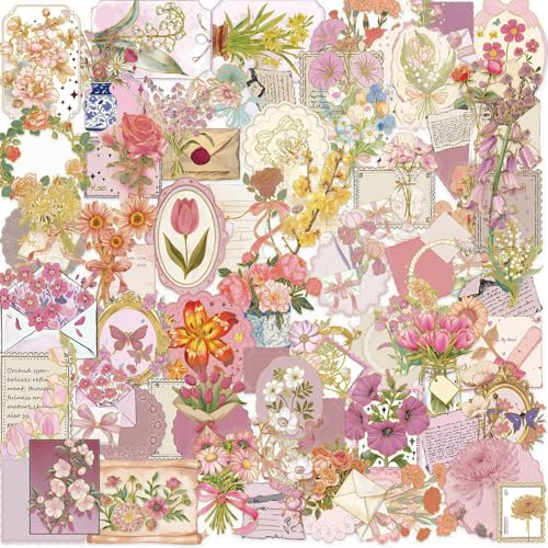 Die-Cut Floral Stickers (50pcs) - Transparent Gold Foil Scrapbook Supplies for Journaling Card Making Vintage Paper Crafts