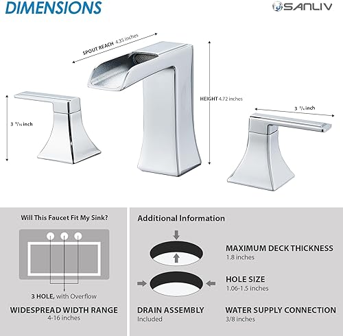 Miniatura 31 de Grifo de baño negro de 3 agujeros, grifos de cascada para fregaderos de baño de 4 a 16 pulgadas, grifo de tocador de dos manijas con drenaje Mate