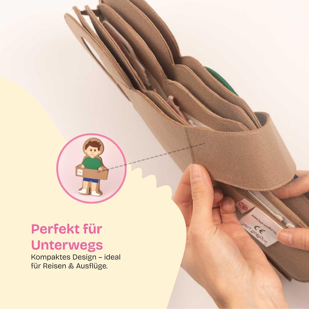 Jolly Designs Travel Buddy „Mein Körper – Junge“ – Interaktives Lernspielzeug zum menschlichen Körper – Montessori Spielzeug aus Filz – Fördert Feinmotorik & Körperwissen – Ideal für unterwegs