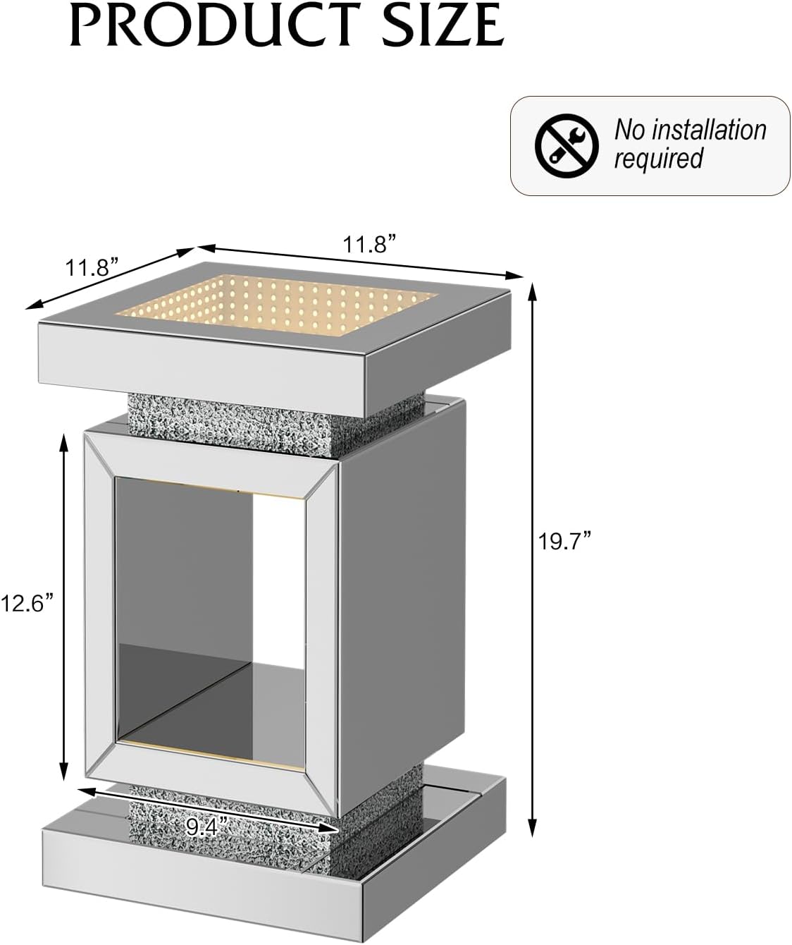 IKIFLY Mirrored End Table with LED Light, Mirrored Nightstand with Rectangular Base, Silver Crushed Diamond Side Table with Large Tabletop for Living Room, Bedroom and Office (Remote Control Included)