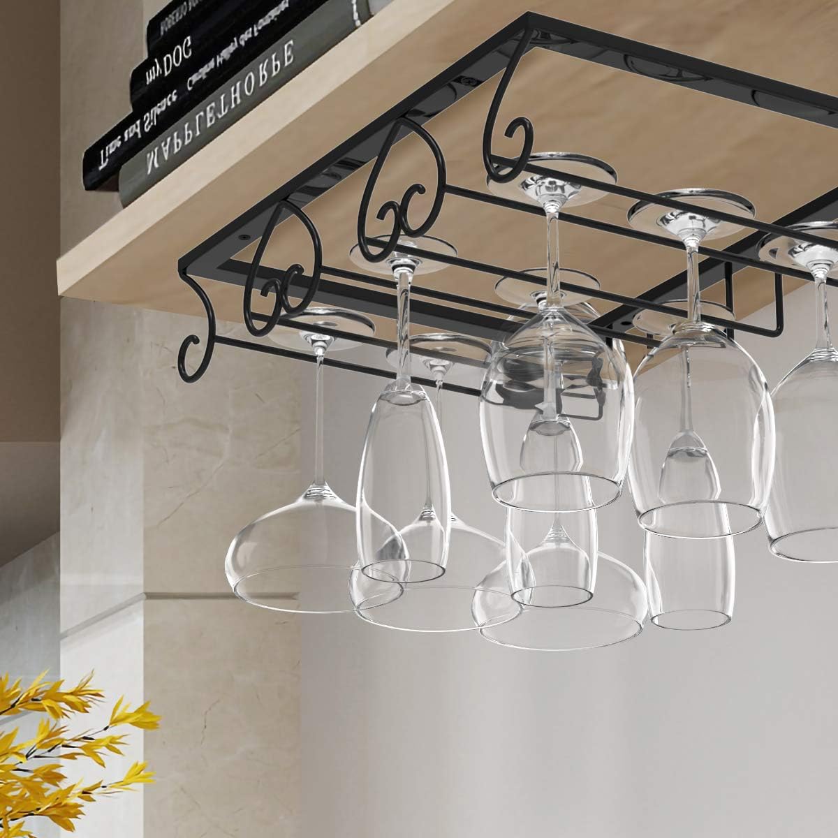 Housolution Wine Glass Rack Under Cabinet, 3 Rows Heart-Shaped Stemware Rack Wine Glass Hanger Rack Storage Hanger for Kitchen Bar - Black