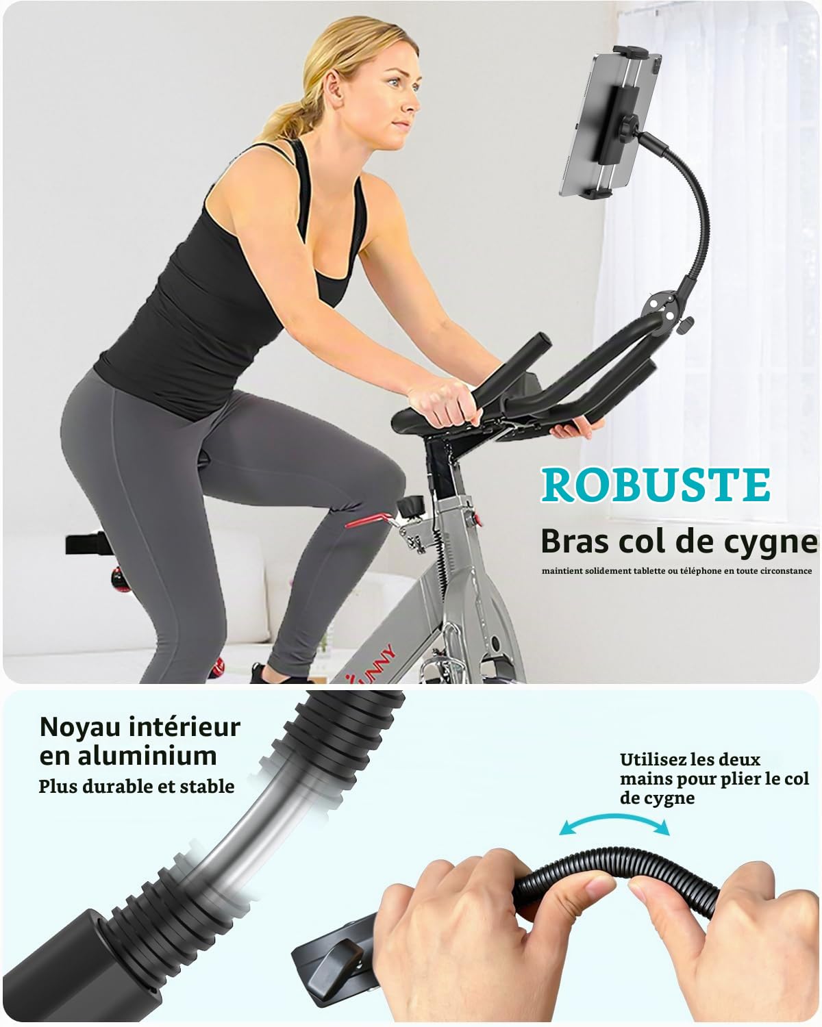 Support Tablette Tapis de Course, Support Tablette Guidon Vélo avec Flexible Col de Cygne, 360° Porte Tablette Bateau/Microphone pour Galaxy Tab A8 A7 s9, iPad 10,9, iPad Pro Air Mini, 4~13"