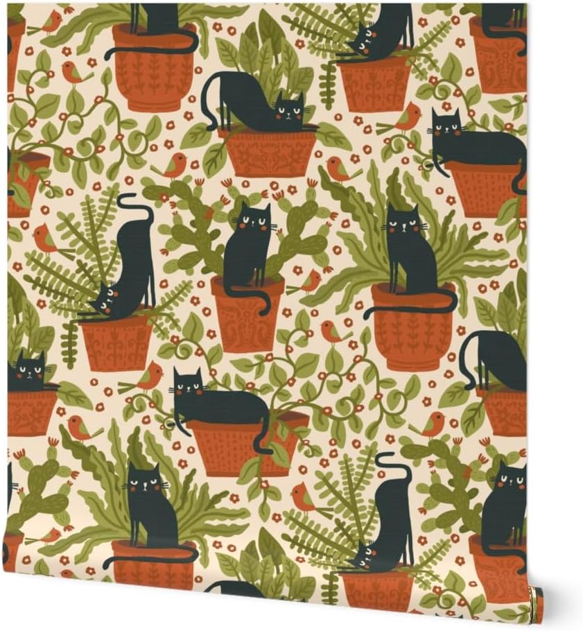 Spoonflower Removable Wallpaper 6ft x 2ft - Black Cats Plants Birds Terracotta Green Leaves Botanical Custom Pre-Pasted Wallpaper
