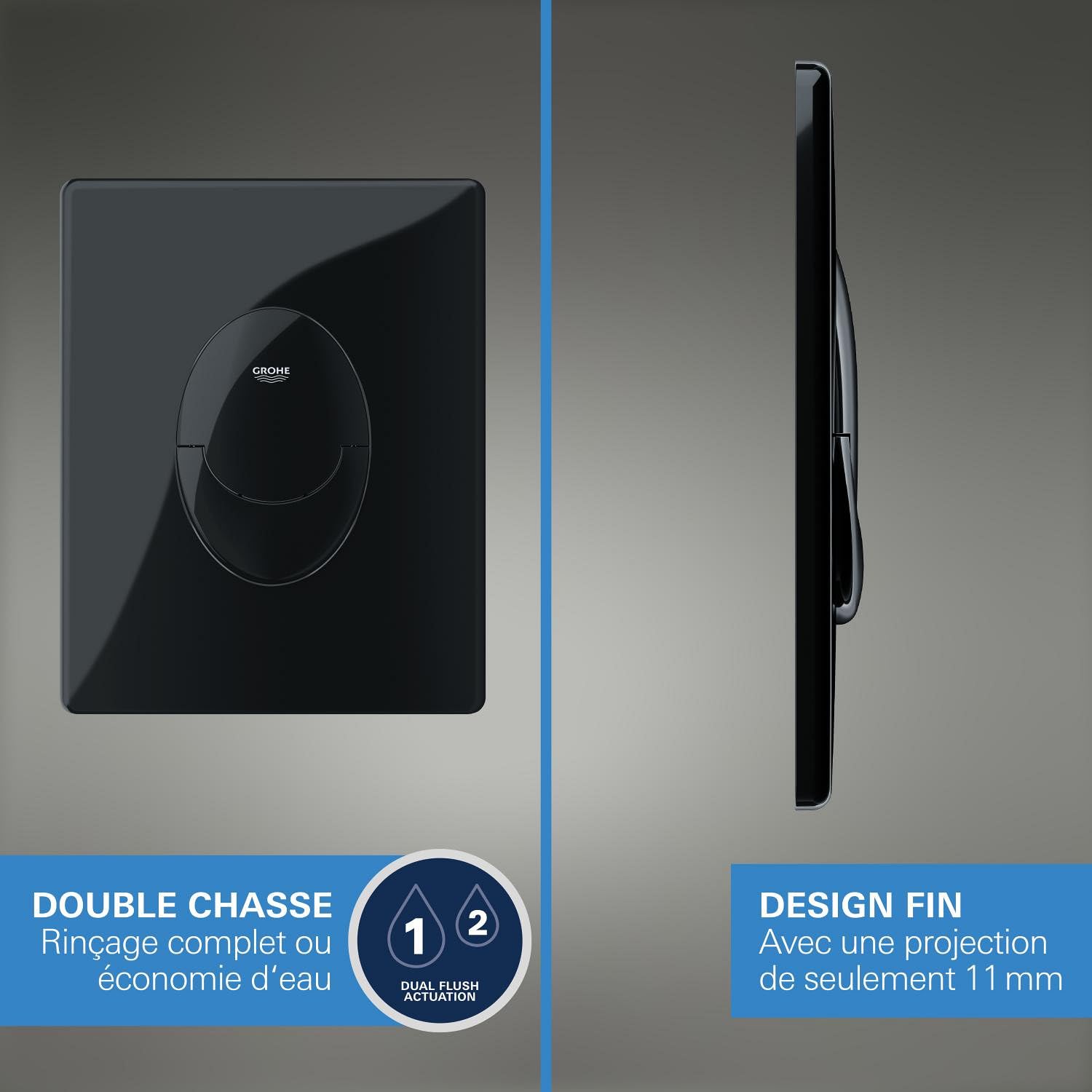 GROHE Start Plaque de Commande, Double Touche Interrompable, Economie d'Eau, Montage Vertical, ABS, Glossy Black, 38964Kv0