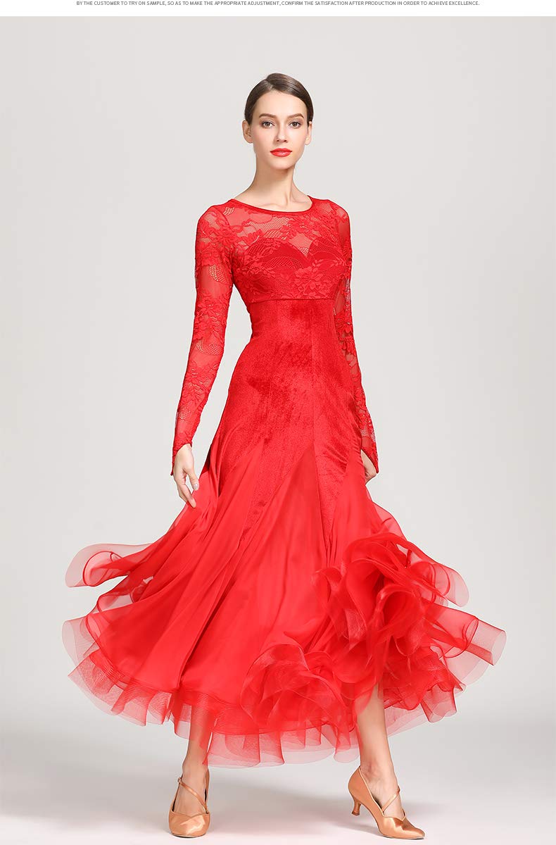 Genérico Elegante Vestido de Baile de salón de Terciopelo para Mujer, con Mangas de Encaje, Ideal para vals y Tango. Vestidos Modernos con Falda Larga y Vuelo. Vestido de Gala (Rojo Xxlarge).