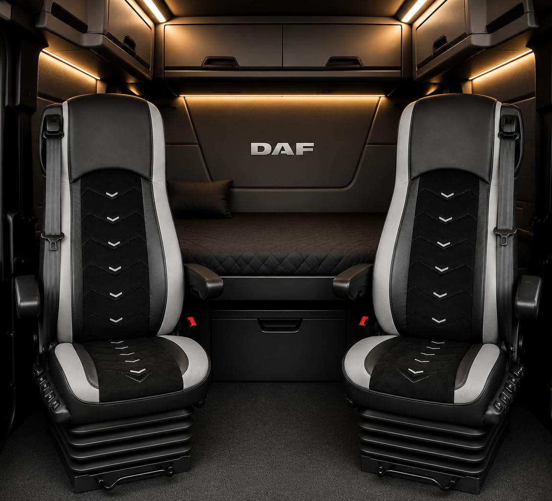 Generisch Fundas de Asiento Compatibles con DAF XF 106 y DAF CF Euro 6 Camiones 1+1, Forro de Cuero/Alcantara, Fundas Protectoras Negras con Gris