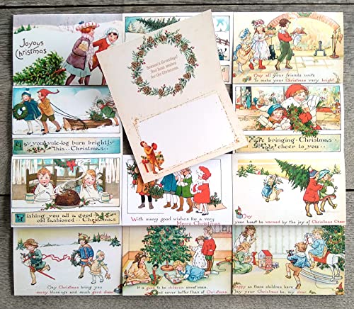 Image of PIXILUV CHRISTMAS TREES (Pack of 12) Notecards Small Greeting Cards # Happy Children and Christmas Trees ~ Vintage Christmas Postcards Reprint