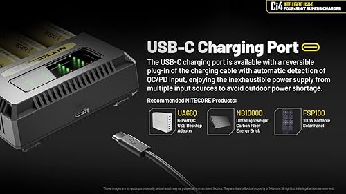 Miniatura 5 de Nitecore Ci4 Cargador de batería universal de cuatro bahías compatible con 16340 14500 18650 21700 iones de litio AA AAA Ni-MH Ni-CD, con adaptador