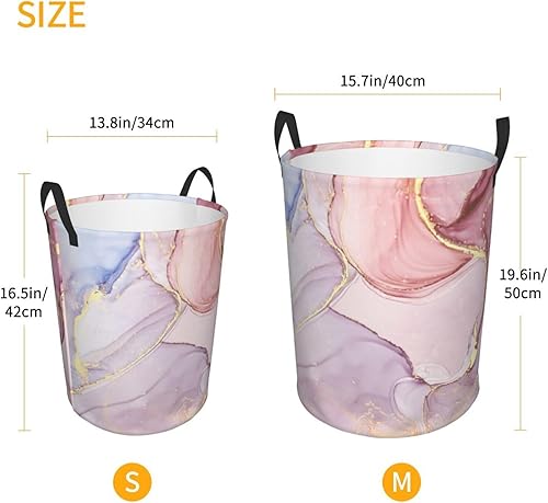 Miniatura 5 de Papelera de almacenamiento circular Protable con estampado de mármol púrpura y dorado, cesta para ropa sucia con asas ropa de dormitorio