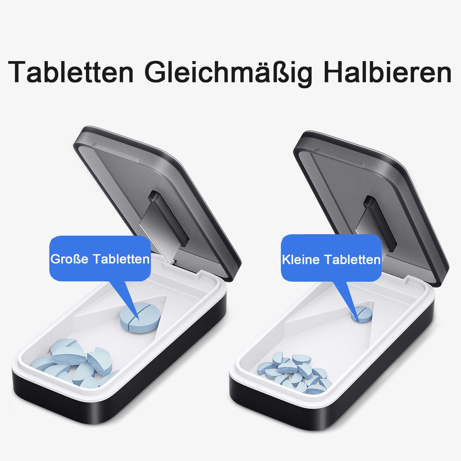 BUG HULL Tablettenteiler mit V-förmigem Abnehmbarer Silikonmatte, Tablettenteiler für Alle Tabletten, Tablettenschneider mit Scharfer Klinge, Pillenschneider Kleine Tabletten_Dunkelgrau