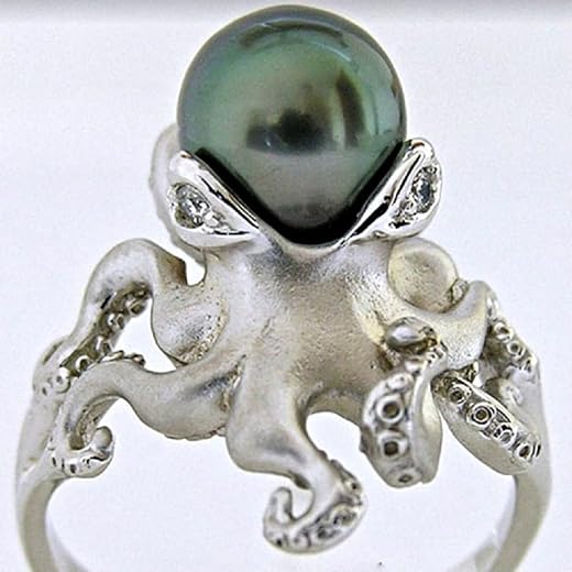 KOICCVQQ 925 Sterling Silver Cultured Pearl Ring Fashion Personality Jewelry Gifts Punk Gothic Exaggerated Spirit Hand Made Quality Animal Octopus Tentacles Pearl Pirate Female Ring