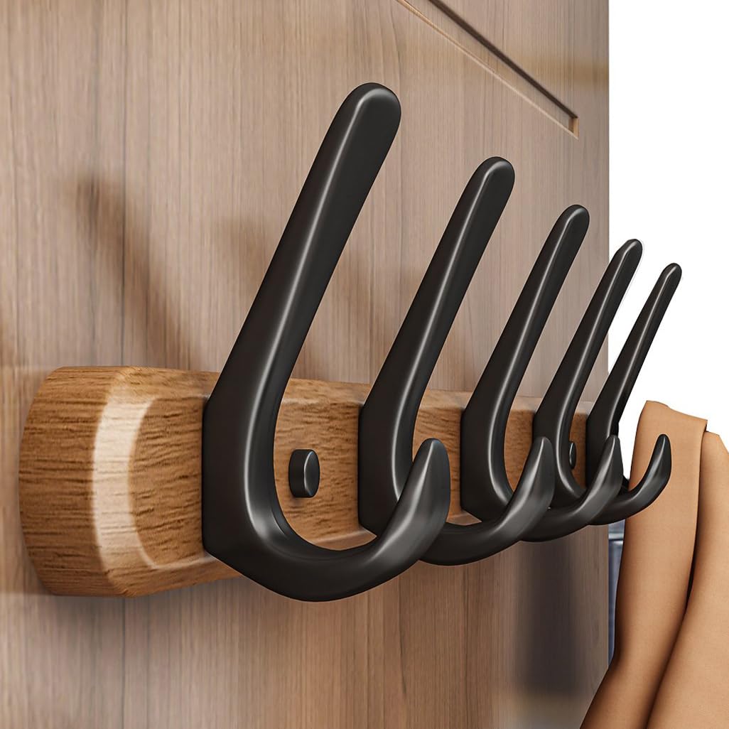 ZHOUXIAO Solid Wood Coat Rack Wall Mount,Walnut Wood Coat Hooks Hanger Wall Mounted 7hook