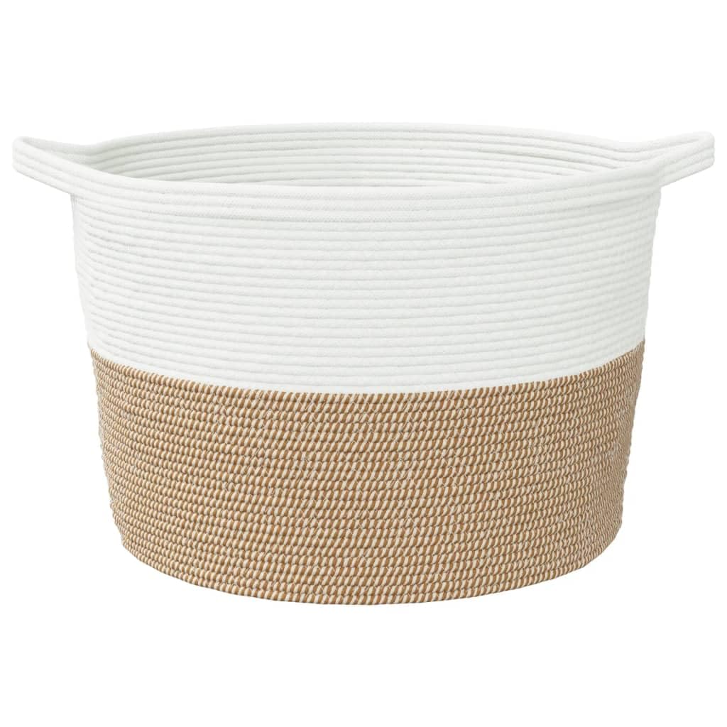Cesto para la ropa de algodón marrón y blanco, diámetro 60 x 36 cm, con asas, plegable y ahorra espacio, cesta de tela estable para almacenamiento de ropa, clasificación y separación en el