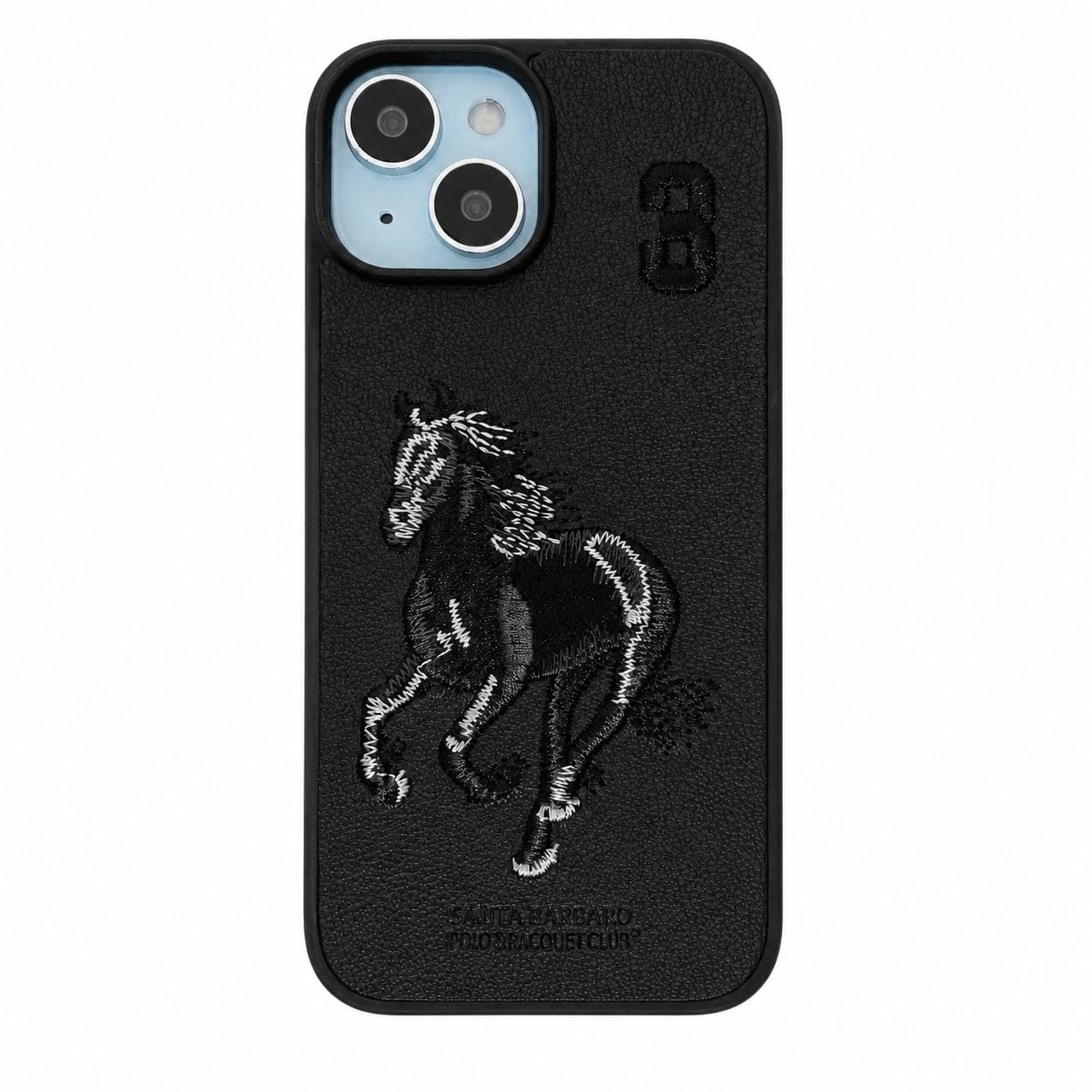 Premium Leather iPhone 15 Case, Horse Design, Black - Image 1