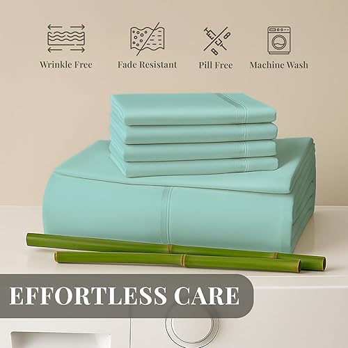 Miniatura 8 de Sacred Thread Juego de sábanas de 6 piezas de rayón derivado de bambú, juego de ropa de cama y fundas de almohada con bolsillos profundos, ropa de