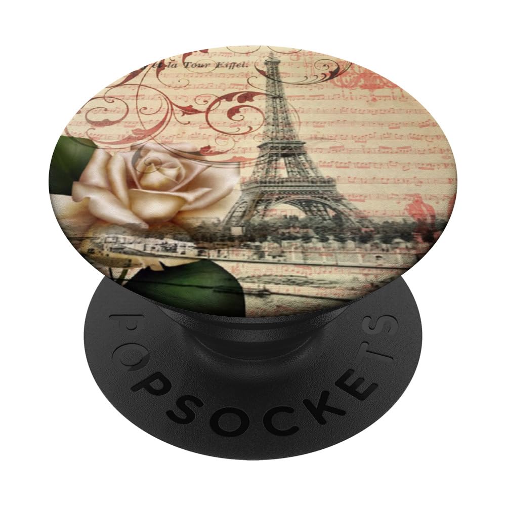 vintage music notes white rose french paris eiffel tower PopSockets PopGrip: Swappable Grip for Phones & Tablets PopSockets Adhesive PopGrip