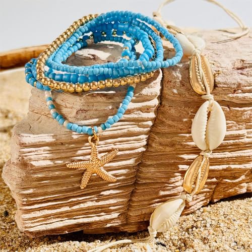 Image of 7 Pack Boho Beaded Shell Anklet Bracelets for Women Colorful Stretch Cowrie Seashell Starfish Ankle Bracelet Stack Adjustable Summer Beach Accessories Cute Hawaiian Jewelry