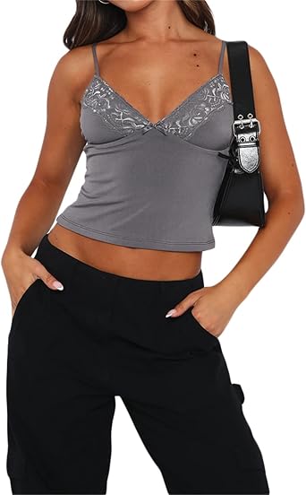 Betrodi Women's Summer Mini Slim Fit Sleeveless Backless Deep V Neck Lace Floral Tank Top Camisole Y2k Fairy Grunge Cami Vest Tops