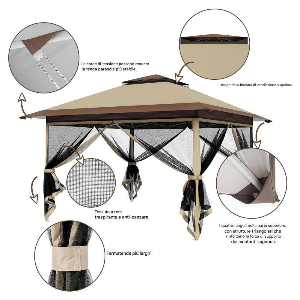 BAKAJI Gazebo Pieghevole One touch 3.6 x 3.6 M, Rivestimento in PU Anti UV e Antipioggia, Struttura Acciaio Resistente Intemperie, Borsa con Ruote e Accessori, Ideale per Giardino, Esterno, Terrazzo